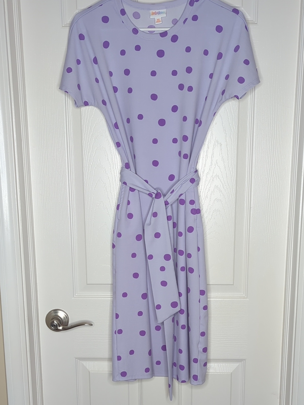 LuLaRoe Marly Dress With Belt And Pockets Purple Polka Dots in Size XS